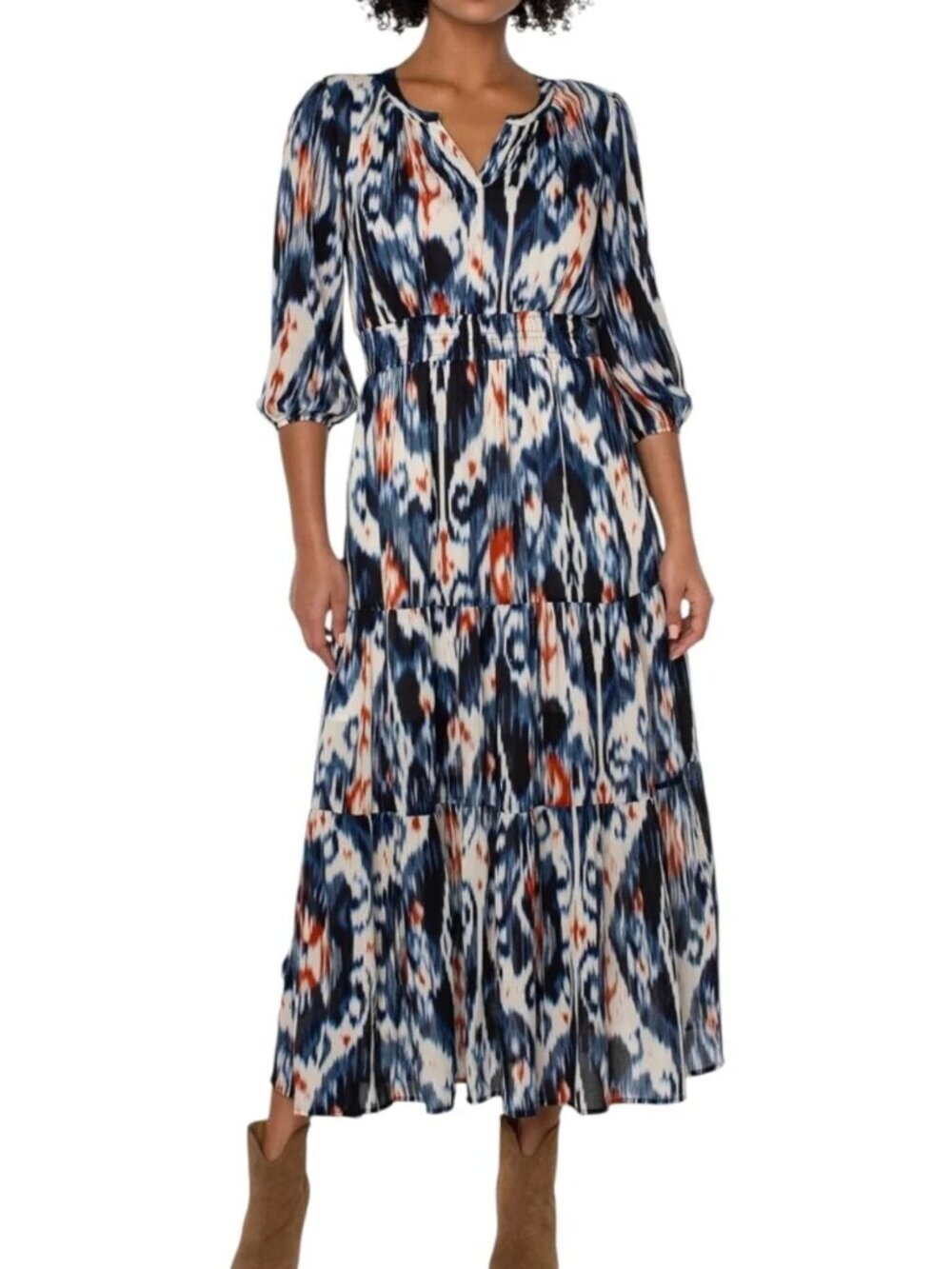 Liverpool Ikat Print Tiered Midi Dress - Size S - Blue/Rust/Cream